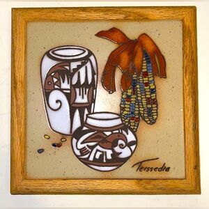Vintage Cleo Teissedre ceramic handpainted tile Native American 6x6 framed